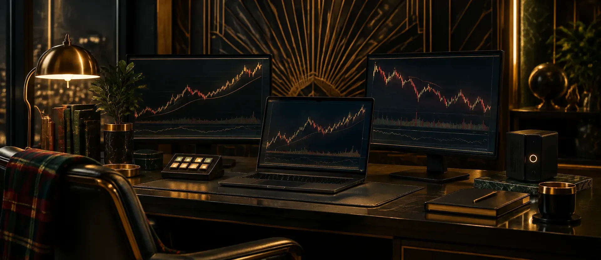 Dark Art Deco trading desk with three monitors showing price charts and a plaid chair