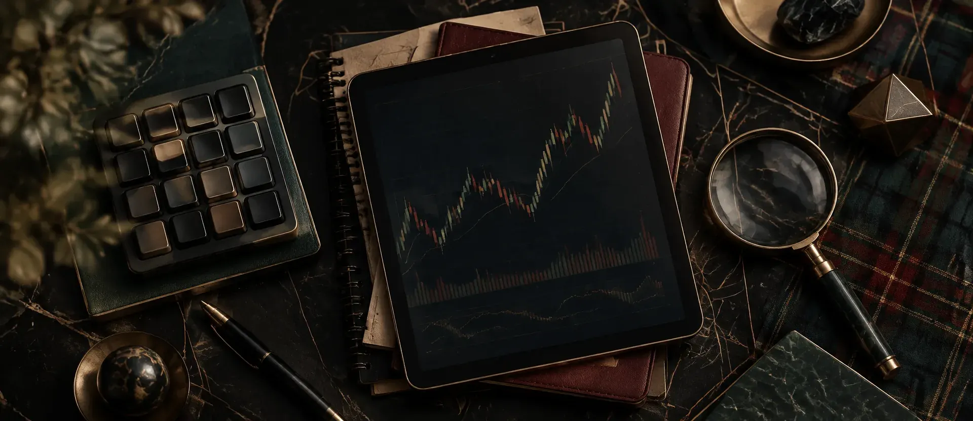 Tablet showing a stock chart beside a keypad, notebooks and a magnifying glass on a plaid desk