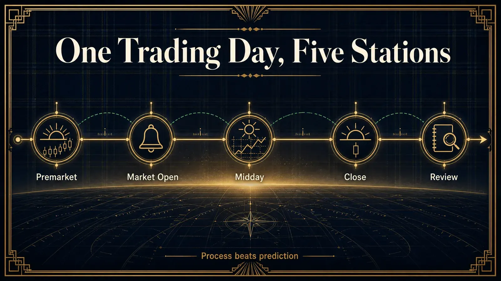 Infographic: one trading day in five stations, Premarket, Market Open, Midday, Close, and Review