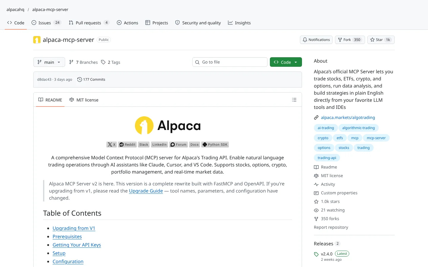 GitHub page for Alpaca MCP Server (alpacahq/alpaca-mcp-server)