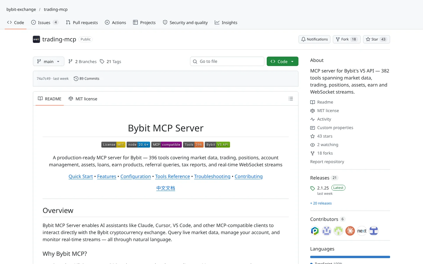 GitHub page for Bybit Trading MCP (bybit-exchange/trading-mcp)