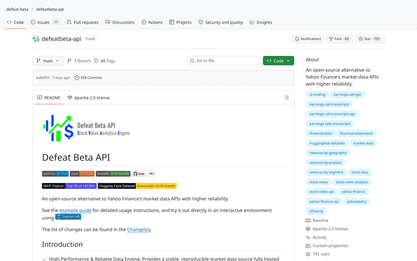 GitHub page for DefeatBeta API (defeat-beta/defeatbeta-api)