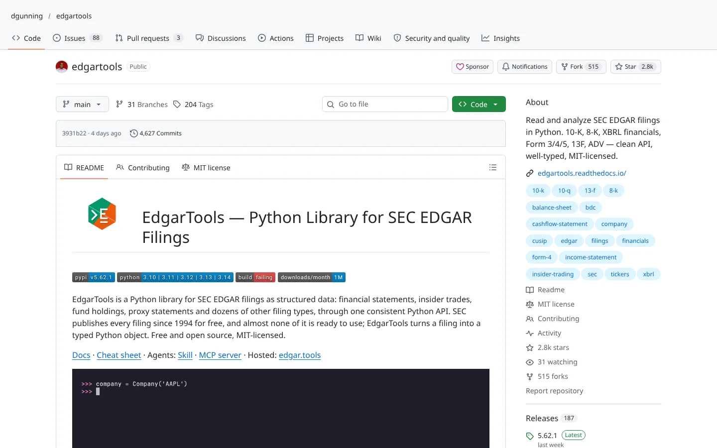 GitHub page for edgartools (dgunning/edgartools)