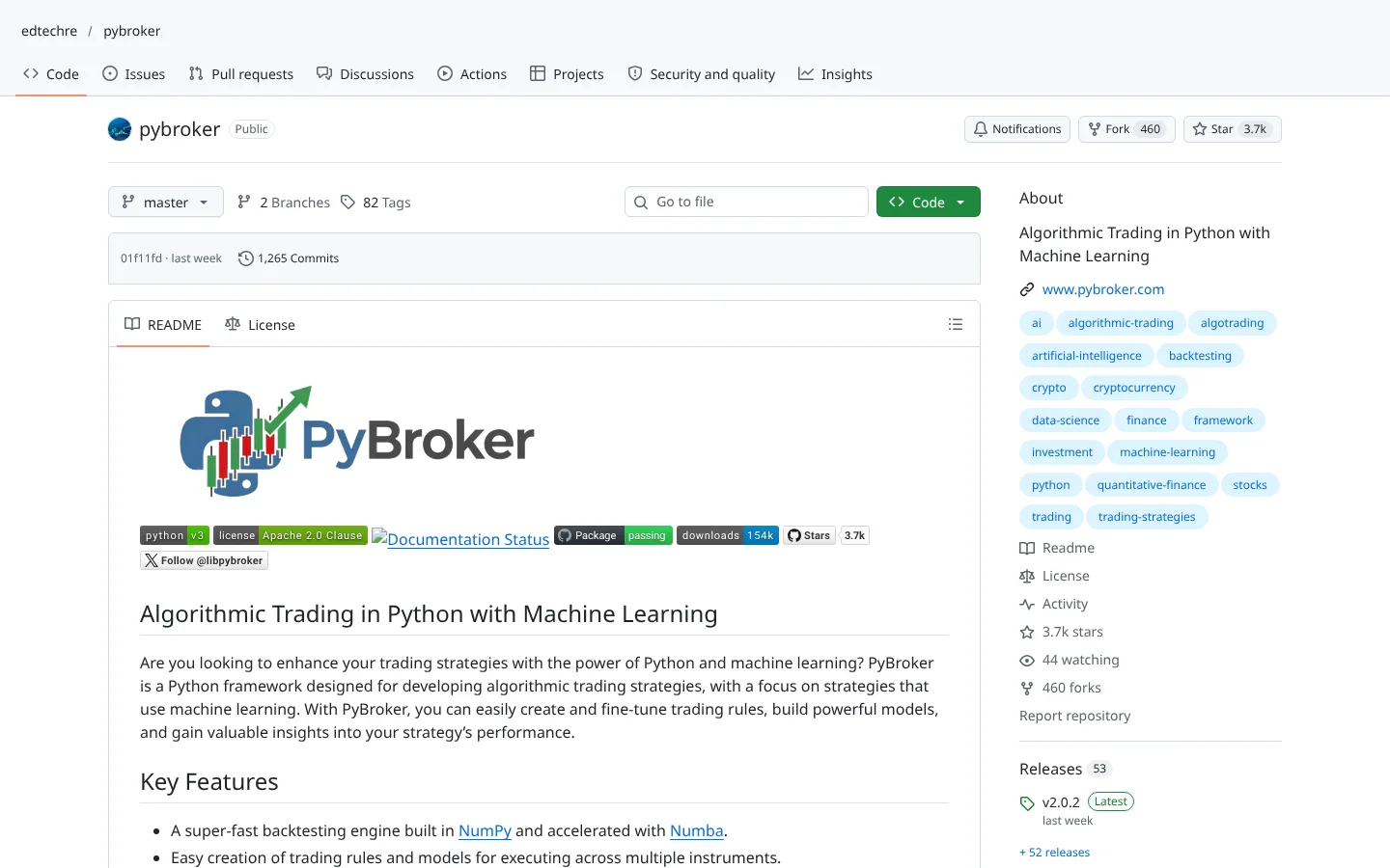GitHub page for PyBroker (edtechre/pybroker)