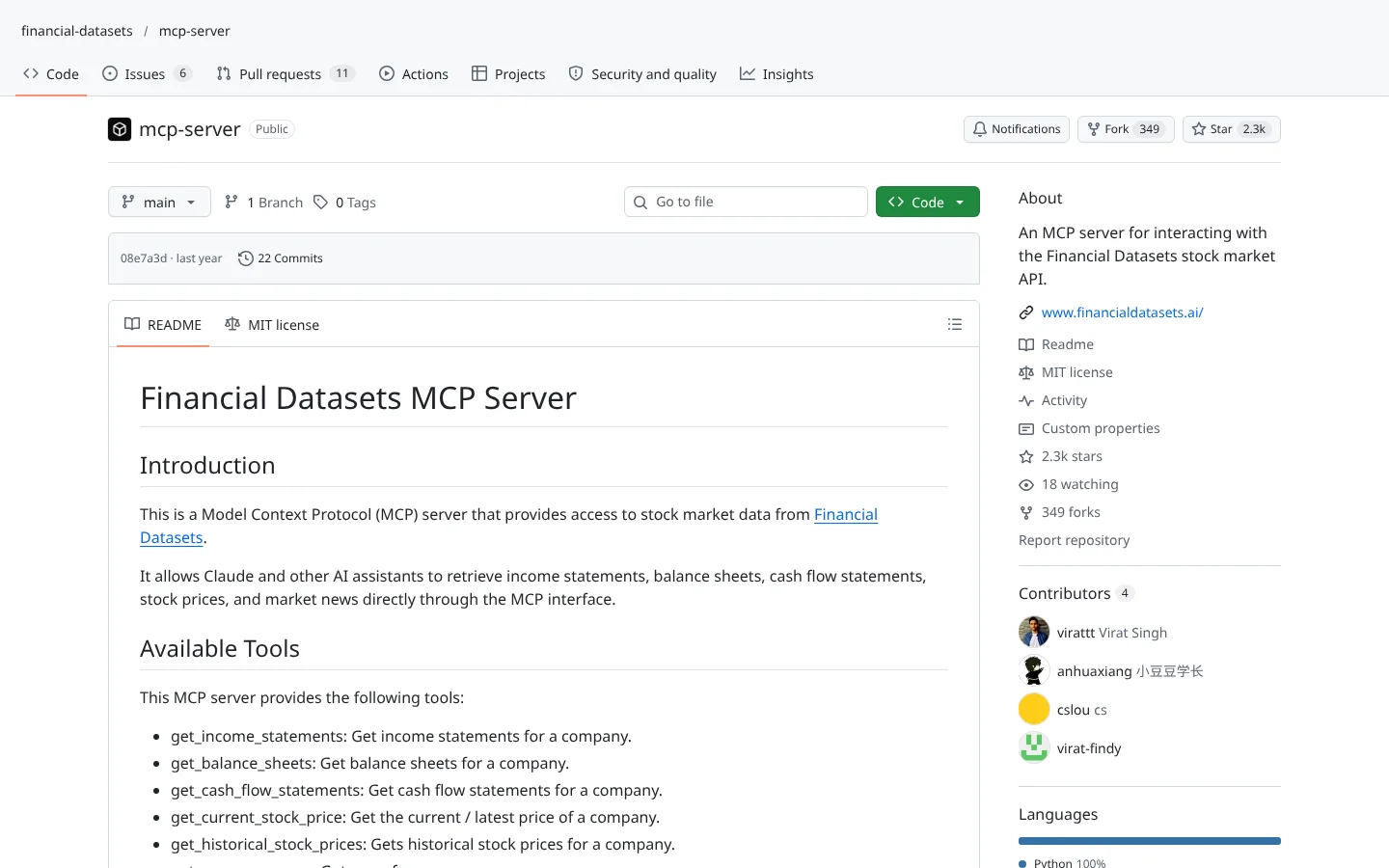 GitHub page for Financial Datasets MCP (financial-datasets/mcp-server)