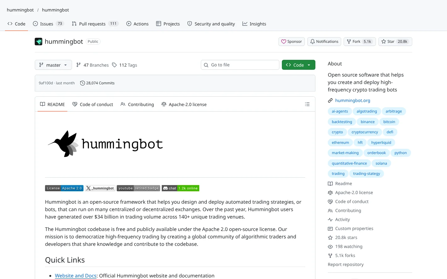 GitHub page for Hummingbot (hummingbot/hummingbot)