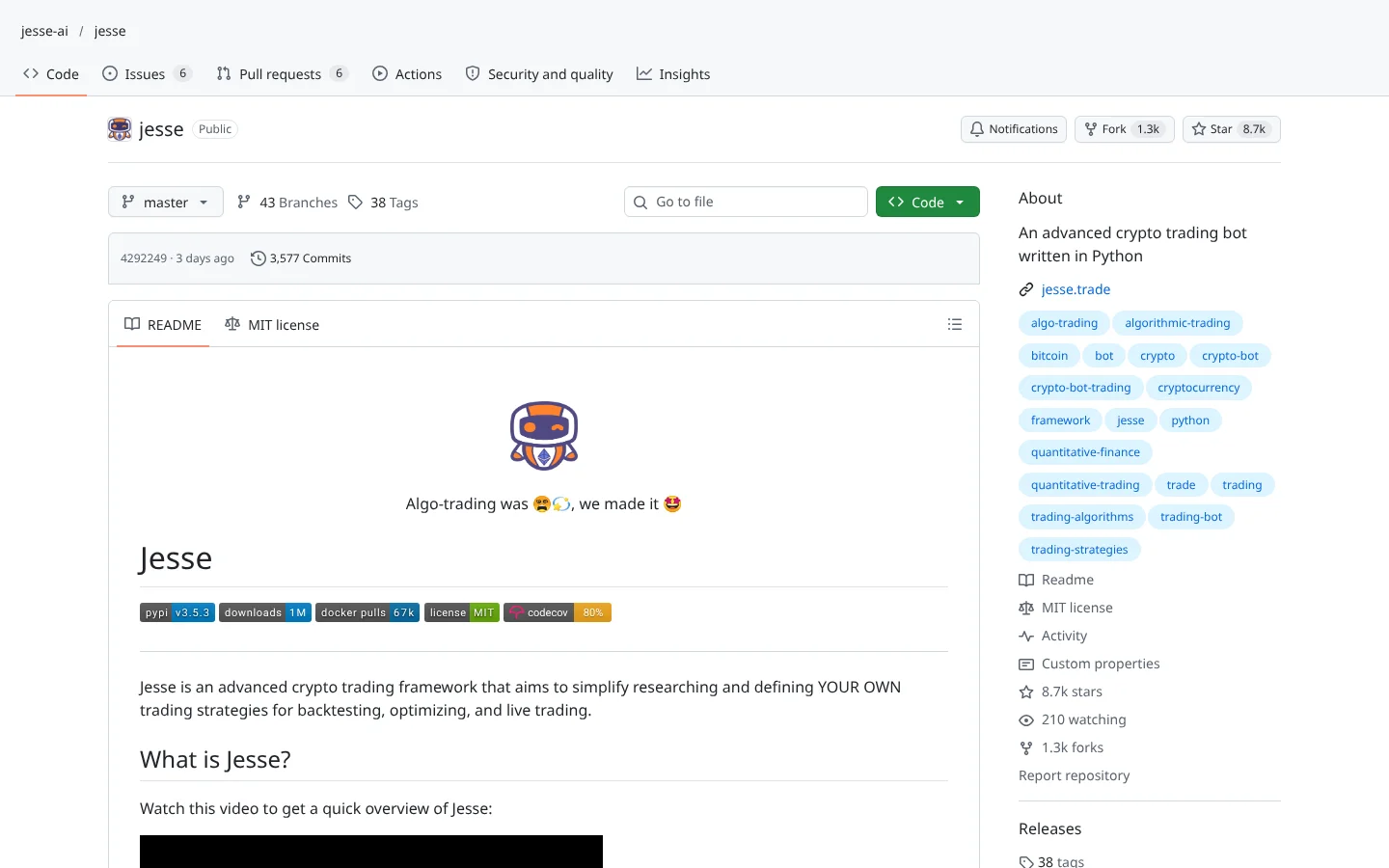 GitHub page for Jesse (jesse-ai/jesse)