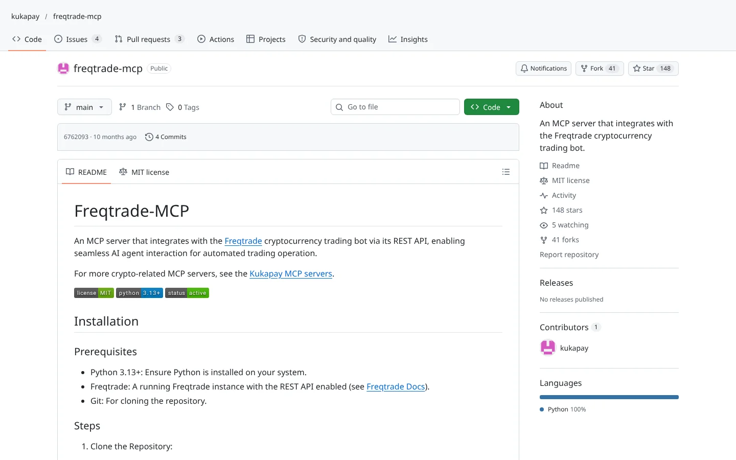 GitHub page for Freqtrade MCP (kukapay/freqtrade-mcp)