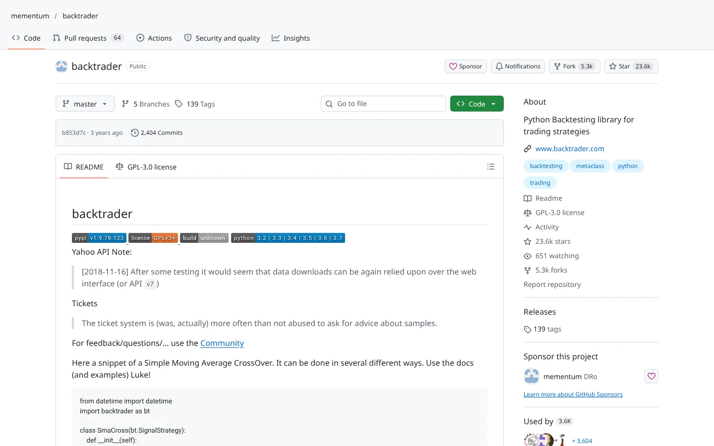 GitHub page for Backtrader (mementum/backtrader)