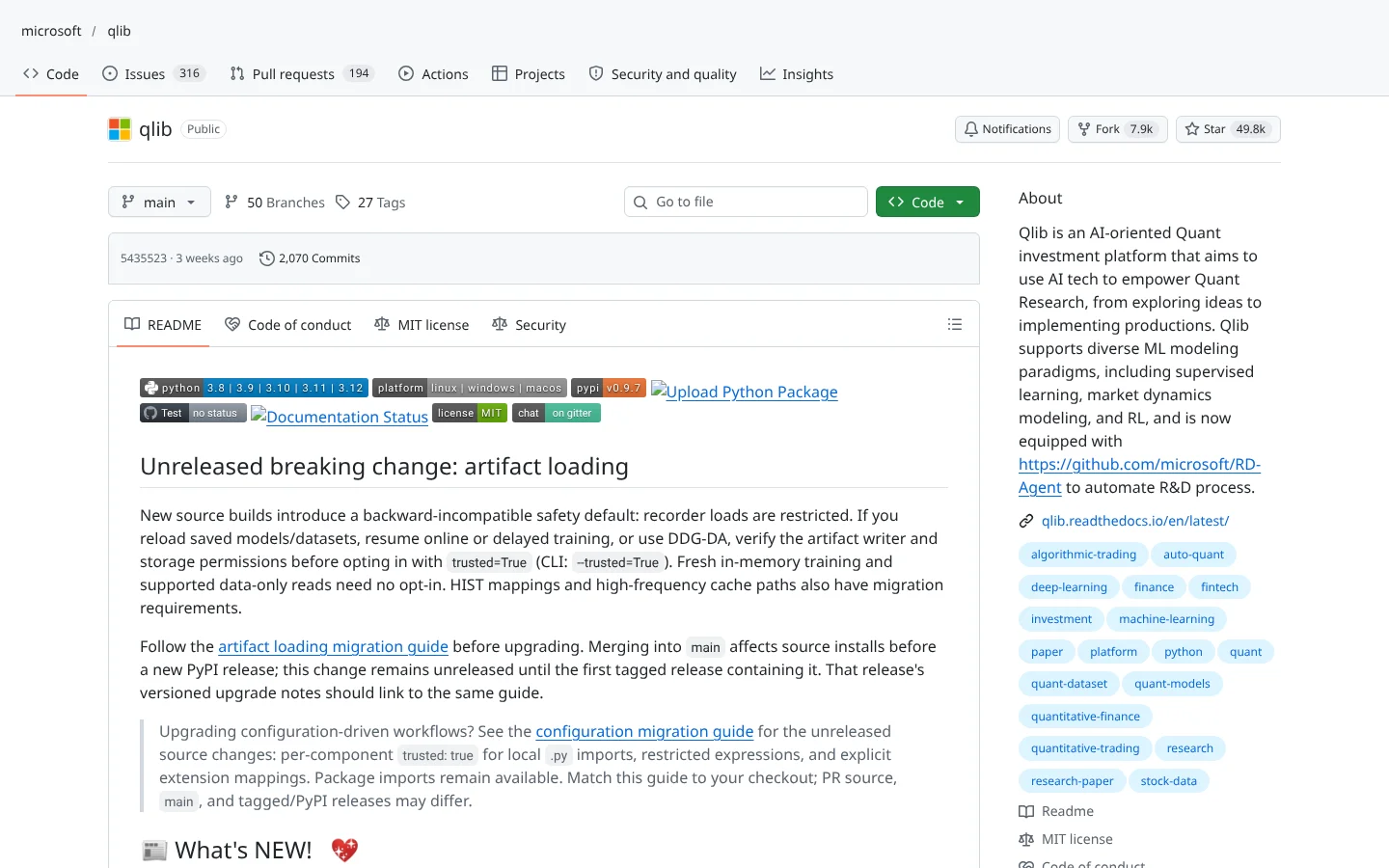 GitHub page for Qlib (microsoft/qlib)