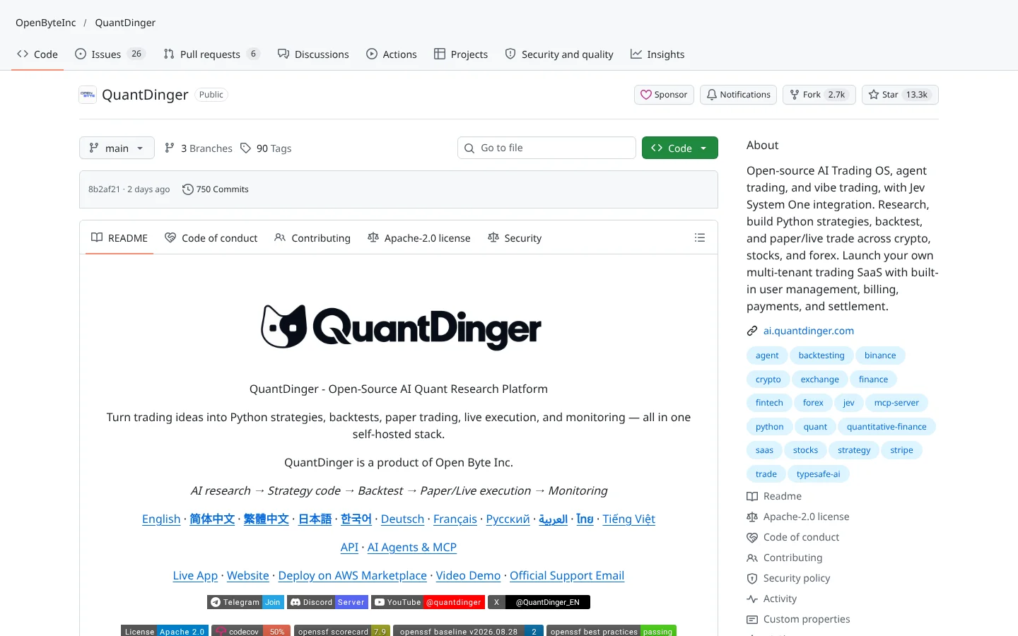GitHub page for QuantDinger (OpenByteInc/QuantDinger)