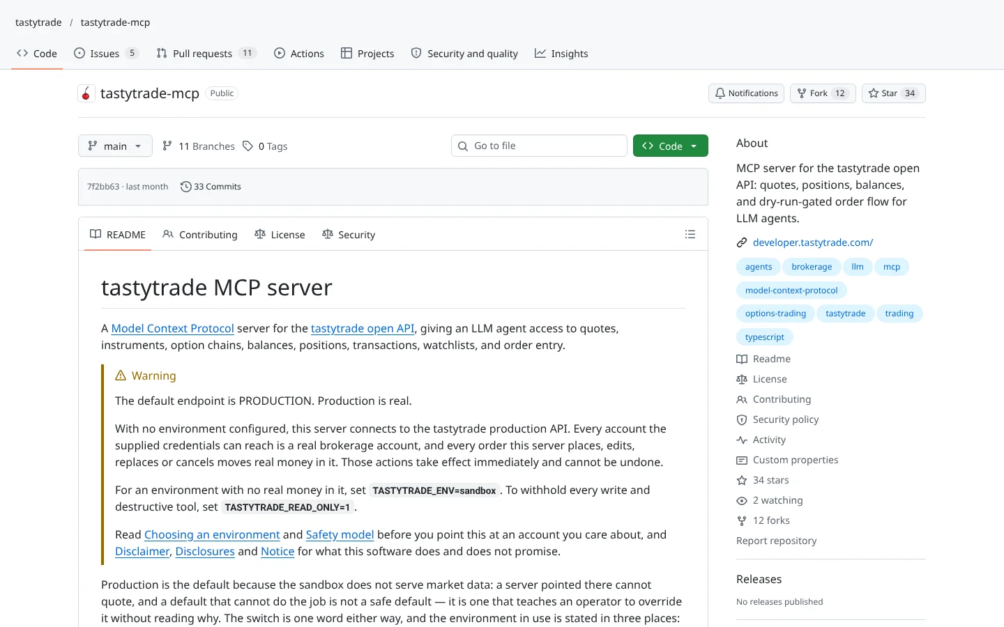GitHub page for tastytrade MCP (tastytrade/tastytrade-mcp)