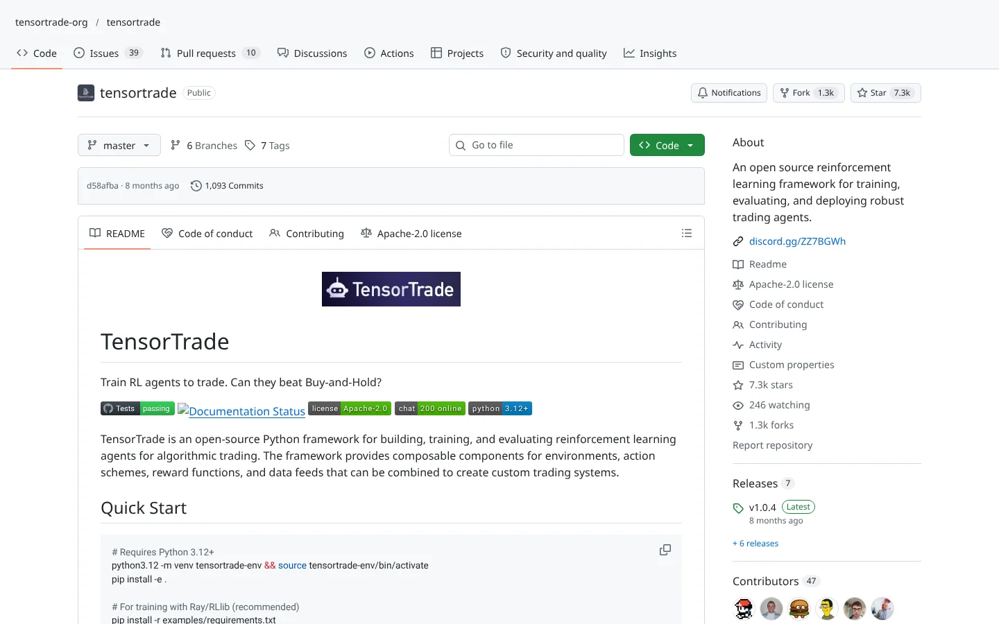 GitHub page for TensorTrade (tensortrade-org/tensortrade)