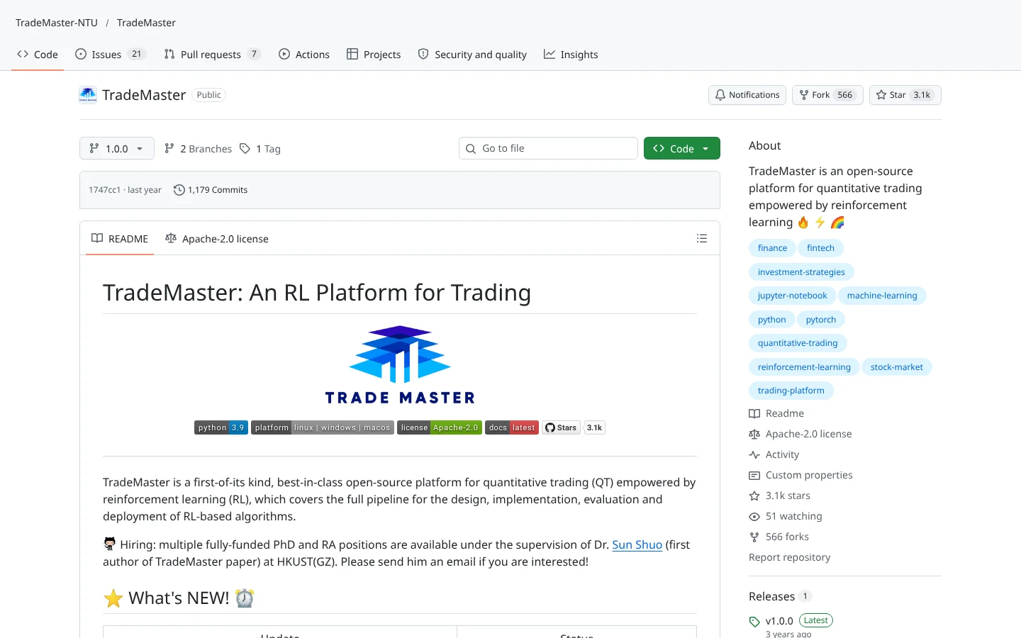 GitHub page for TradeMaster (TradeMaster-NTU/TradeMaster)