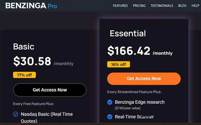 Benzinga Pro Basic official site